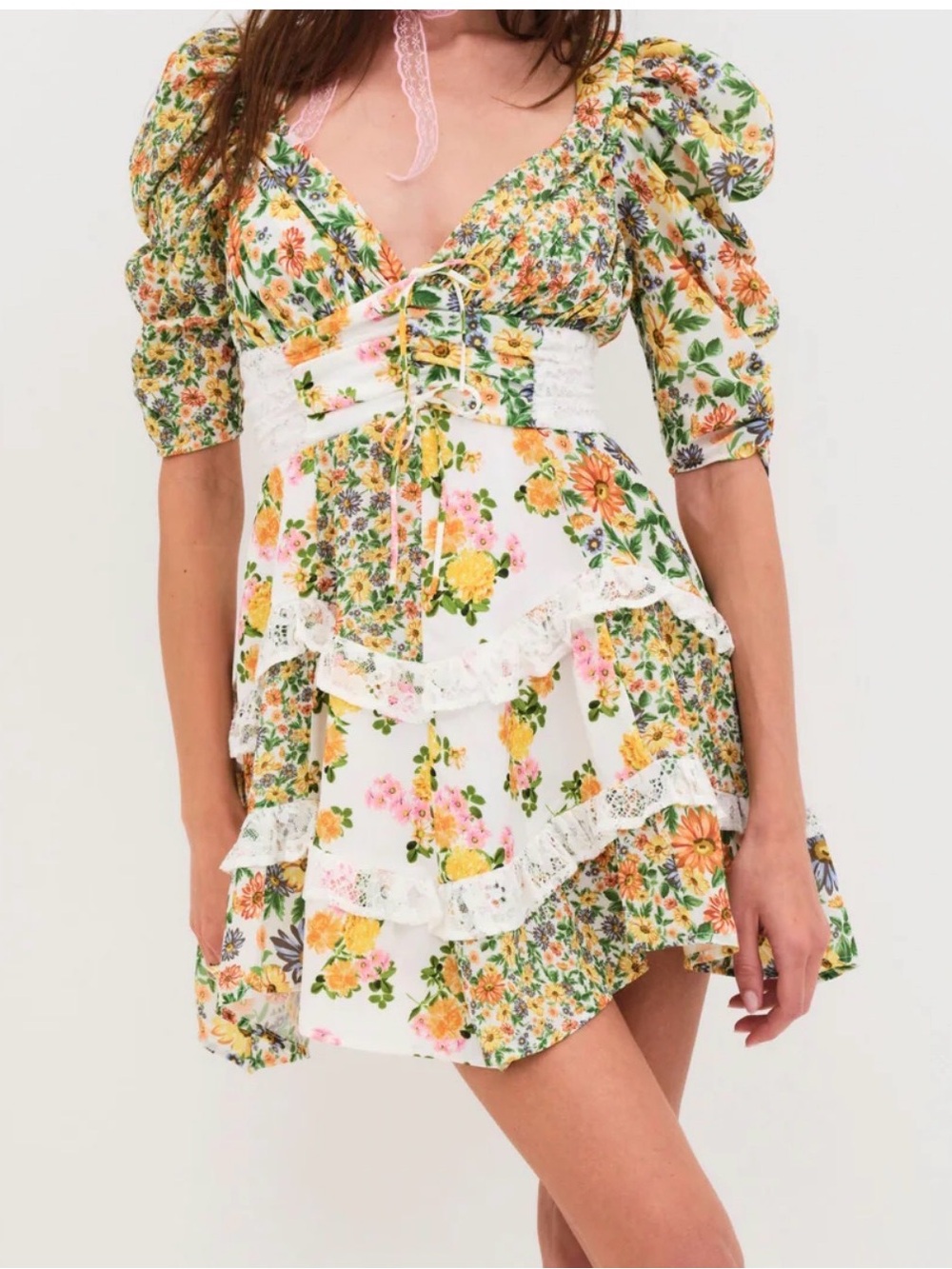 For Love and Lemons Floral Lace Trim Mini Dress in White and Yellow